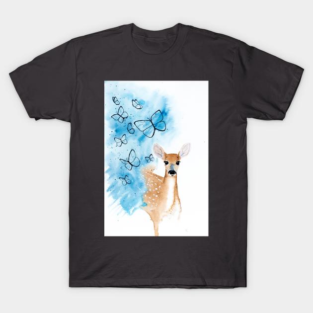 Butterfly Deer Watercolour Painting T-Shirt by nickyrollings